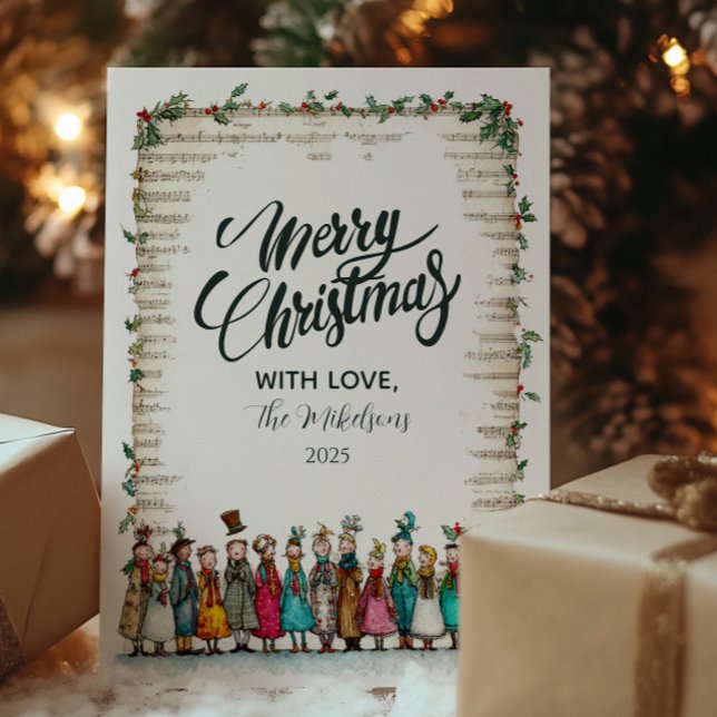 Classic Holly and Carolers Christmas Holiday Card (Creator Uploaded)