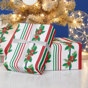 Classic Holly and Stripes Wrapping Paper