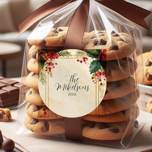 Classic Holly Berry Christmas Party Classic Round Sticker (Creator Uploaded)