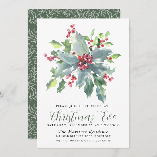 Classic Holly Berry Greenery Christmas Eve Party Invitation (Front/Back)