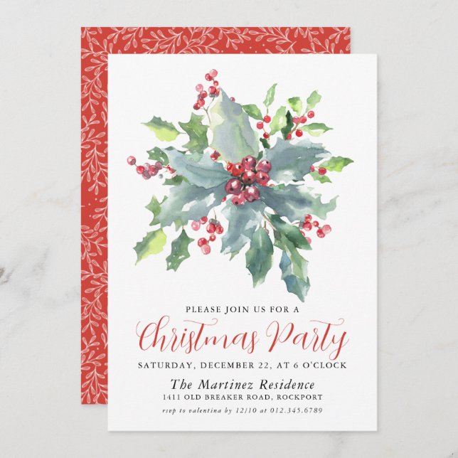 Classic Holly Berry Greenery Christmas Party  Invitation (Front/Back)