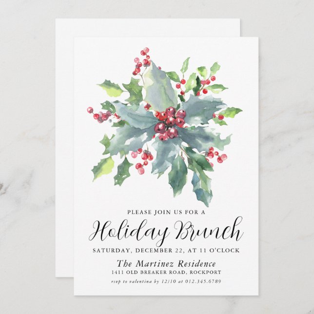 Classic Holly Berry Greenery Holiday Brunch Invitation (Front/Back)