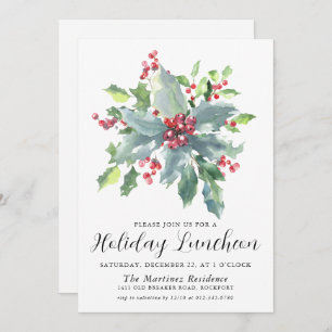 Classic Holly Berry Greenery Holiday Luncheon Invitation