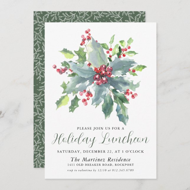Classic Holly Berry Greenery Holiday Luncheon Invitation (Front/Back)