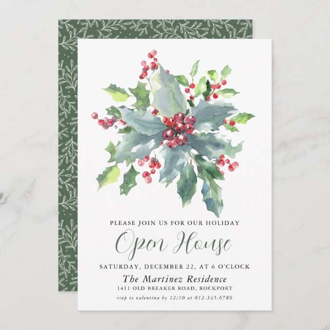 Classic Holly Berry Greenery Holiday Open House Invitation (Front/Back)