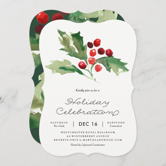 Classic Holly Berry Holiday Party Invitation (Front/Back)