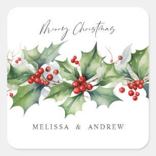 Classic Holly Christmas  garland with berries Square Sticker