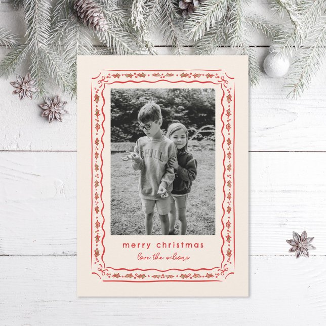 Classic Holly Painted Frame Photo Holiday Card (Creator Uploaded)
