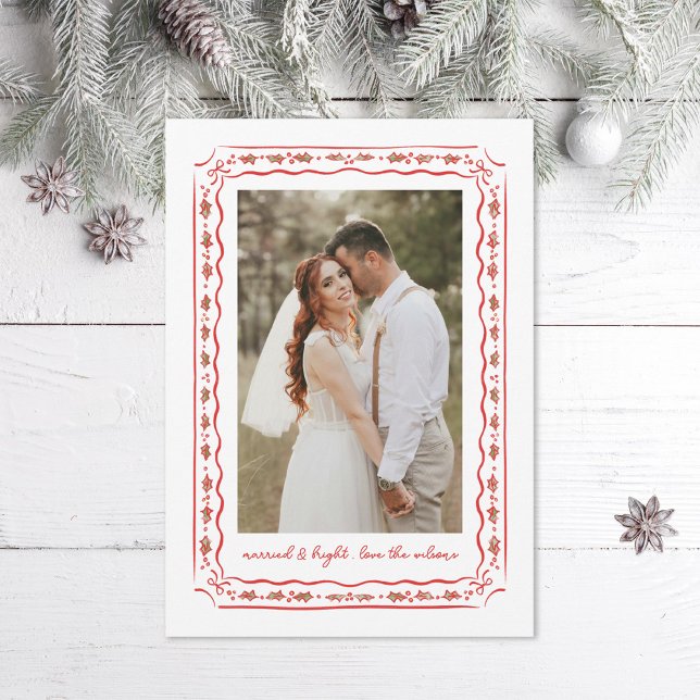 Classic Holly Painted Frame Wedding Photo Holiday Card (Creator Uploaded)