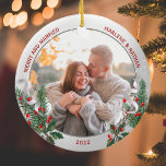 Classic Holly Pine Silver Frame Photo Newlyweds  Ceramic Tree Decoration<br><div class="desc">Classic Holly Pine Silver Frame Photo Newlyweds 1st Christmas ornament has a shiny silver frame adorned with holly, pine & ribbon ornament to display your own special memory. The bright and shiny silver border encircles your memorial photos. The holly, pine and silk ribbon complete the whole design with a joyful...</div>