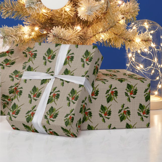 Classic Holly with Red Berries On Linen Ground  Wrapping Paper (Holidays)