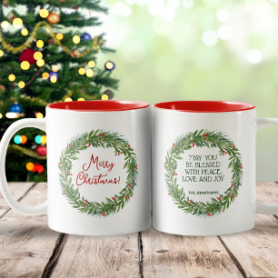 Classic Holly Wreath Family Name Christmas Two-Tone Coffee Mug