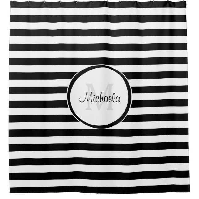 Classic Horizontal Black White Stripes With Name Shower Curtain (Front)