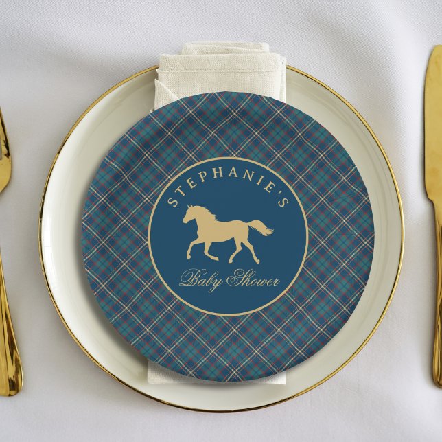 Classic Horse Equestrian Tartan Plaid  Baby Shower Paper Plate (Creator Uploaded)