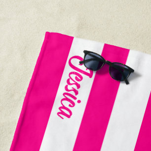 Classic Hot Pink White Cabana Strip Personalised Beach Towel