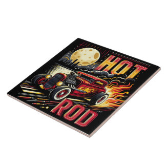 Classic hot rod racing under a full moon at night tile