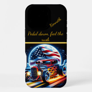 Classic hot rod with flames cruising at sunset iPhone 16 pro max case