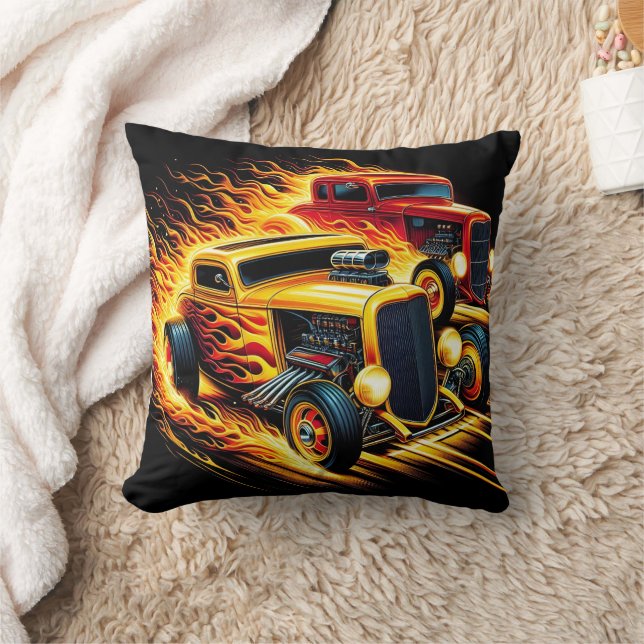 Classic hot rods racing in fiery motion cushion (Blanket)