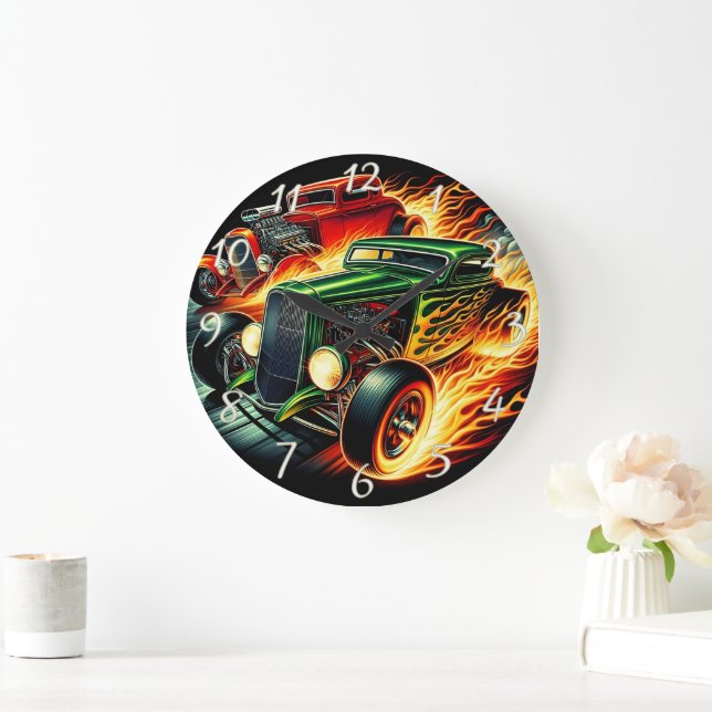 Classic hot rods racing through a fiery backdrop large clock (Home)