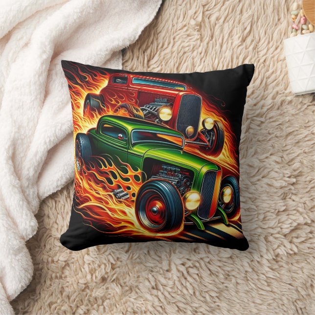 Classic hot rods racing through fiery trails cushion (Blanket)