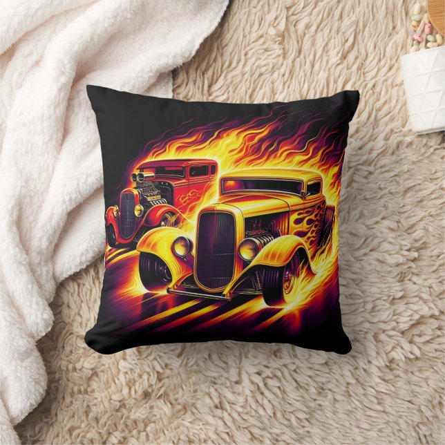 Classic hot rods racing through fiery trails cushion (Blanket)