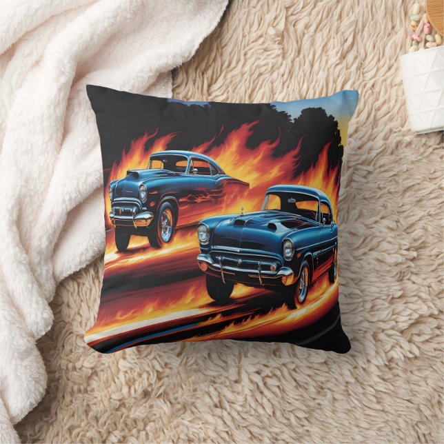 Classic hot rods racing through flames at sunset cushion (Blanket)
