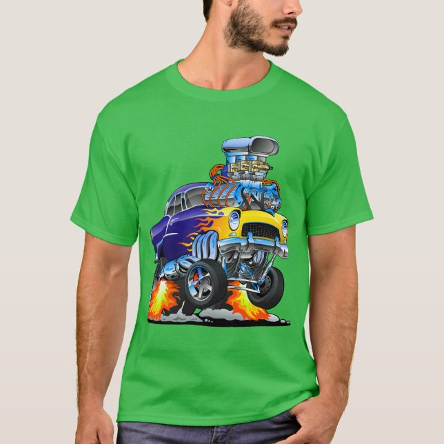Classic Hotrod Muscle Car Flames Big Engine T-Shirt (Front)