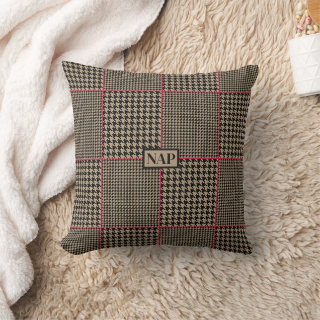 Classic Houndstooth Black Taupe Hot Pink Check Cushion (Blanket)