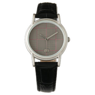 Classic Houndstooth Black Taupe Hot Pink Check Watch