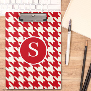Classic Houndstooth Cherry Red & White Monogram Clipboard
