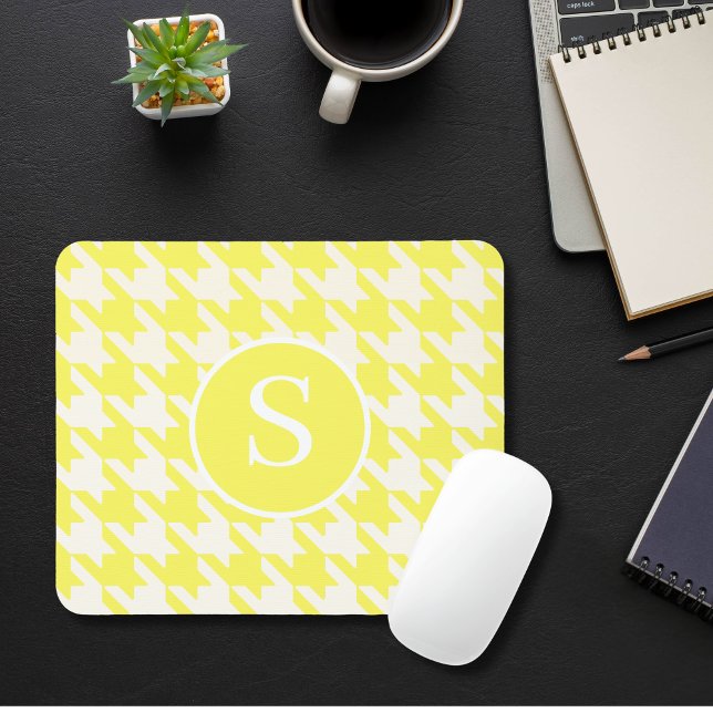 Classic Houndstooth Lemon Yellow & White Monogram Mouse Pad (Creator Uploaded)