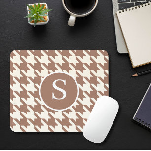 Classic Houndstooth Mocha Mousse & White Monogram Mouse Pad