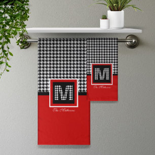 Classic Houndstooth & Monogram   Red Black White Bath Towel Set