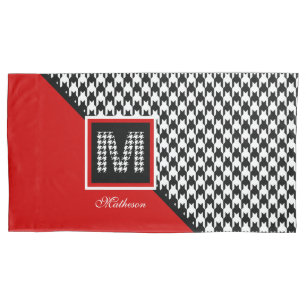 Classic Houndstooth & Monogram   Red Black White Pillowcase