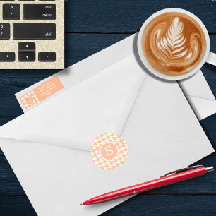 Classic Houndstooth Peachy Coral Monogram Round Sticker