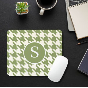 Classic Houndstooth Sage Green & White Monogram Mouse Pad