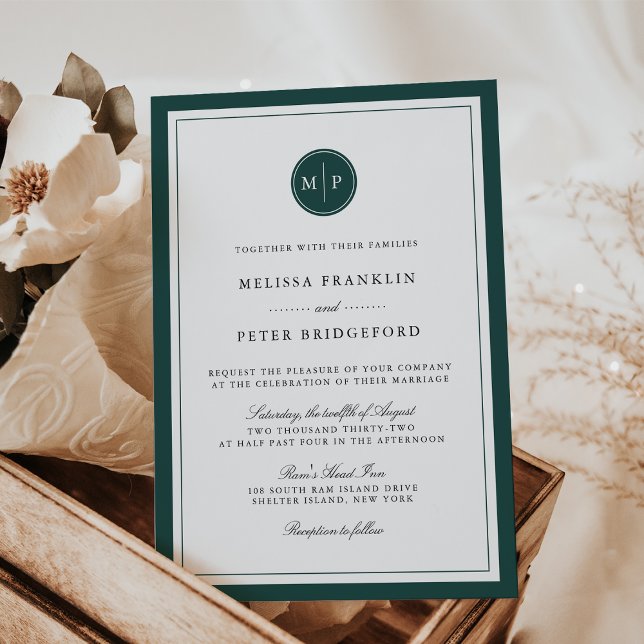 Classic Hunter Green Border Monogram Wedding Invitation (Creator Uploaded)