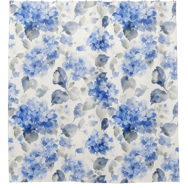 Classic Hydrangea Floral Pattern Cobalt Blue Shower Curtain (Front)