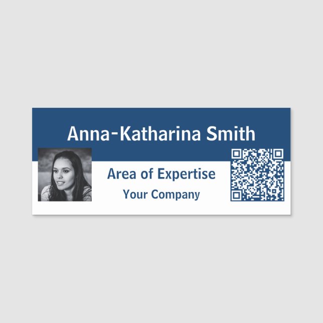 Classic Image QR-code Blue & White Name Tag (Front)