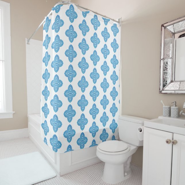 Classic indigo blue pattern shower curtain (In Situ)