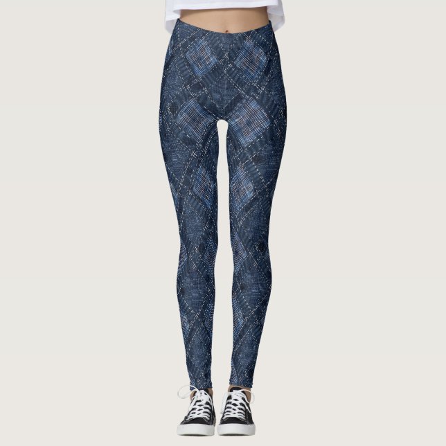 Classic Indigo Diamond Stitch Denim Pattern Leggings (Front)