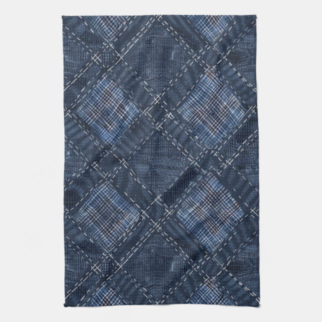 Classic Indigo Diamond Stitch Denim Pattern Tea Towel (Vertical)