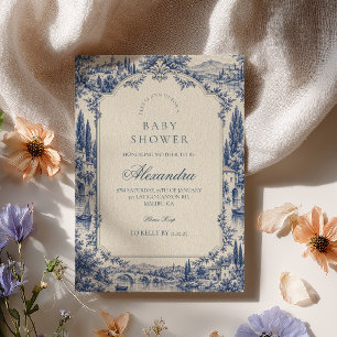 Classic Indigo Toile Baby Shower Invitation
