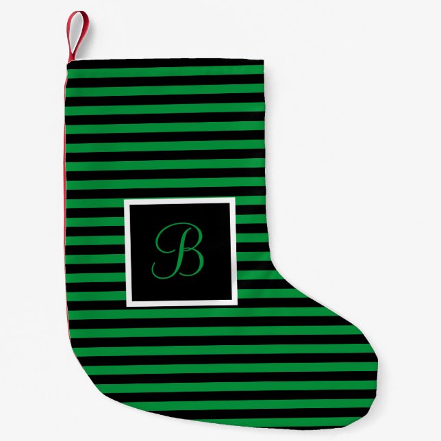 Classic Initial Letter Green and Black Striped Small Christmas Stocking (Front)