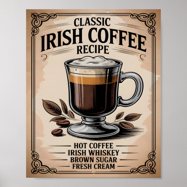 Classic Irish Coffee Recipe Vintage Rustic Kitchen Poster (Front)