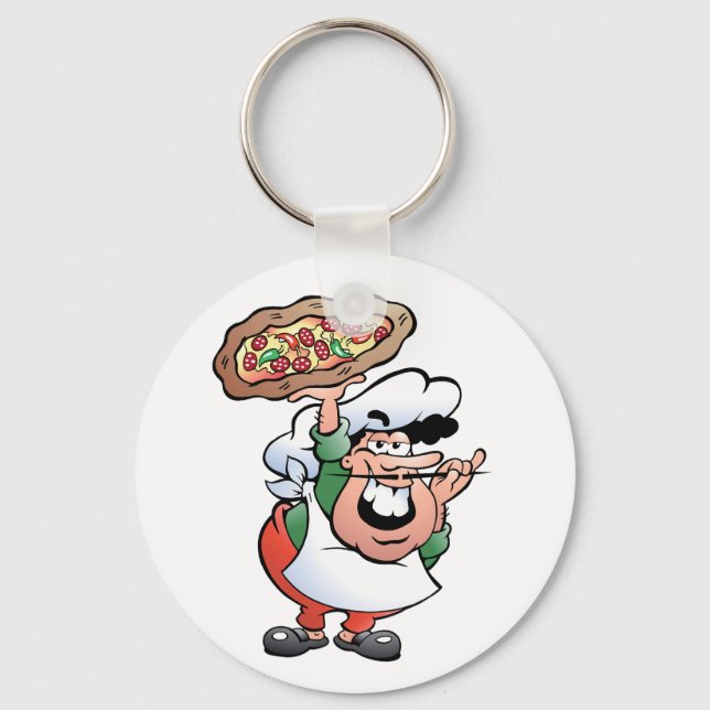 Classic Italian Pizza Chef Cartoon Key Ring (Front)