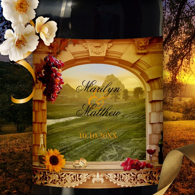 Classic Italian Style Wedding Wine Label (Classic Italian wine label featuring a painting of a Roman arch with grapes and a Tuscan landscape)