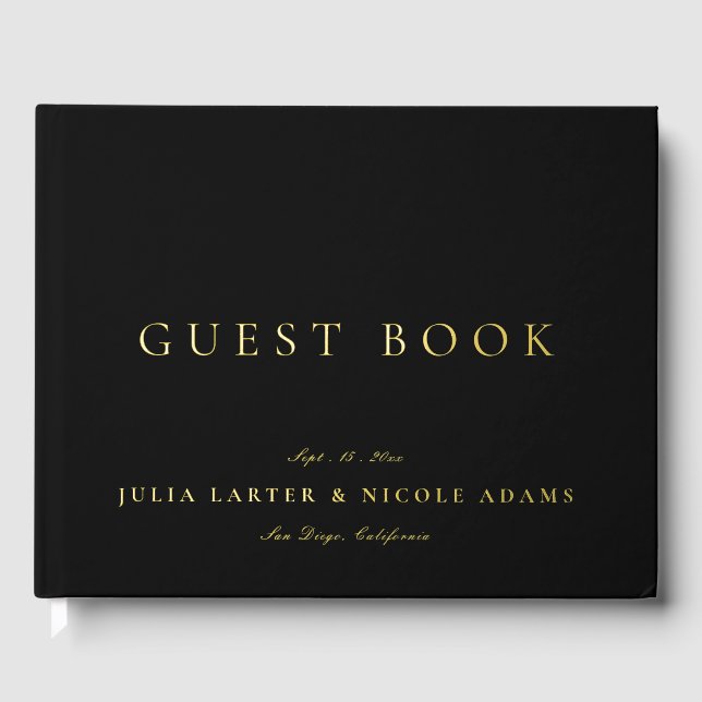 Classic Ivory Black Gold Calligraphy Wedding Guest Book (Front)