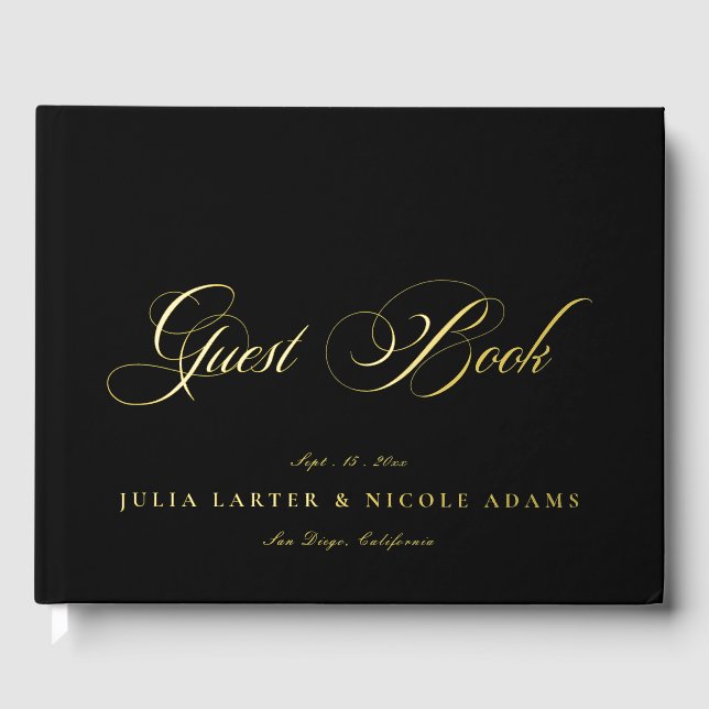Classic Ivory Black Gold Calligraphy Wedding Guest Book (Front)