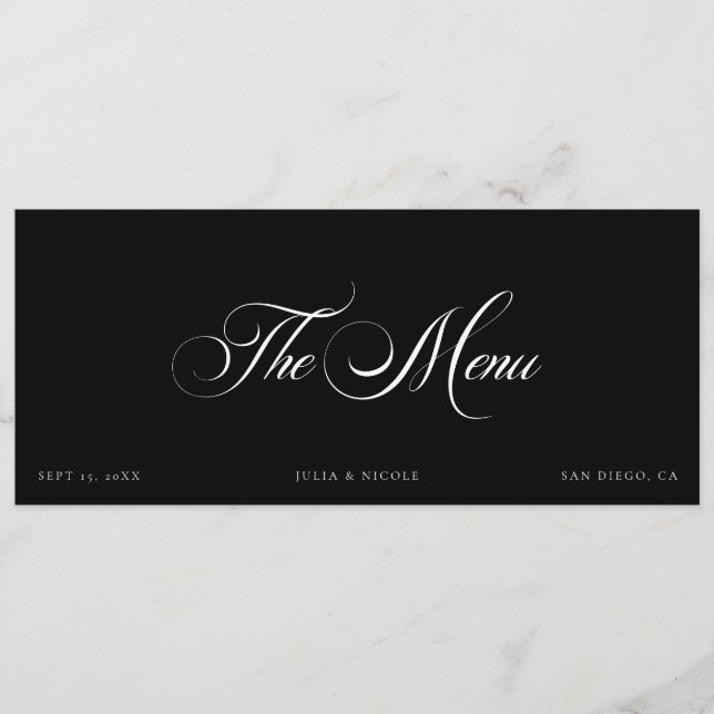 Classic Ivory Black Wedding Guest Menu Cards (Front)